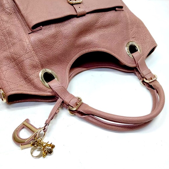 Auth Christian Dior Cannage Quilted Metallic Mauve Pink Leather Bee Hobo Tote - Picture 2 of 15